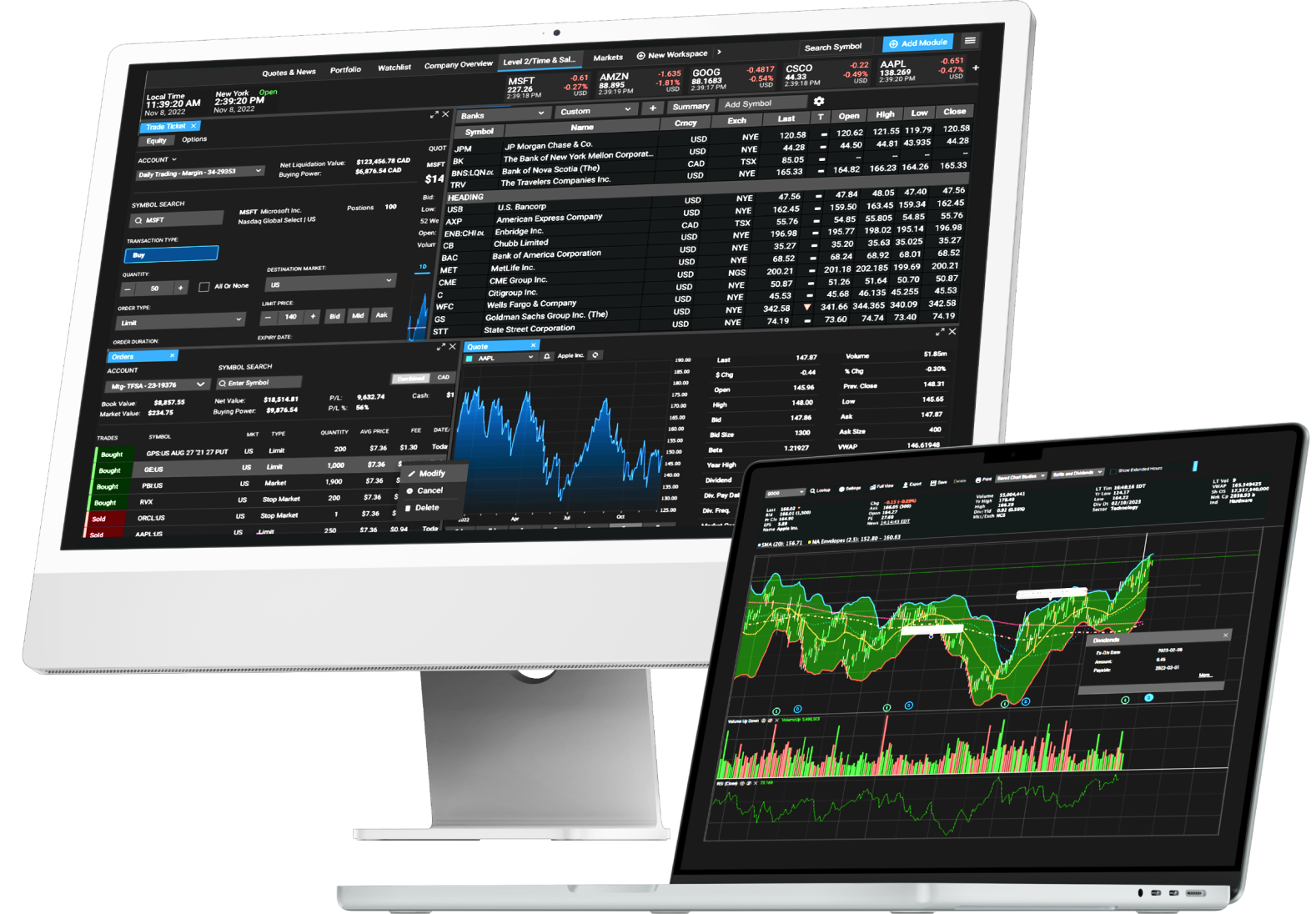 A laptop and computer monitor showing market stats and live charts